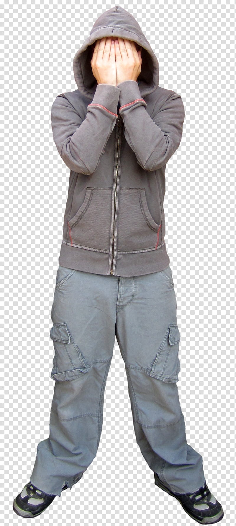 Standing, person in gray full-zip hoodie transparent background PNG clipart