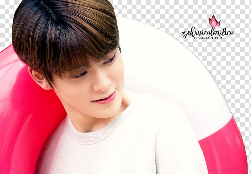 NCT Jaehyun Summer Vacation, man carrying white and red inflatable floater transparent background PNG clipart