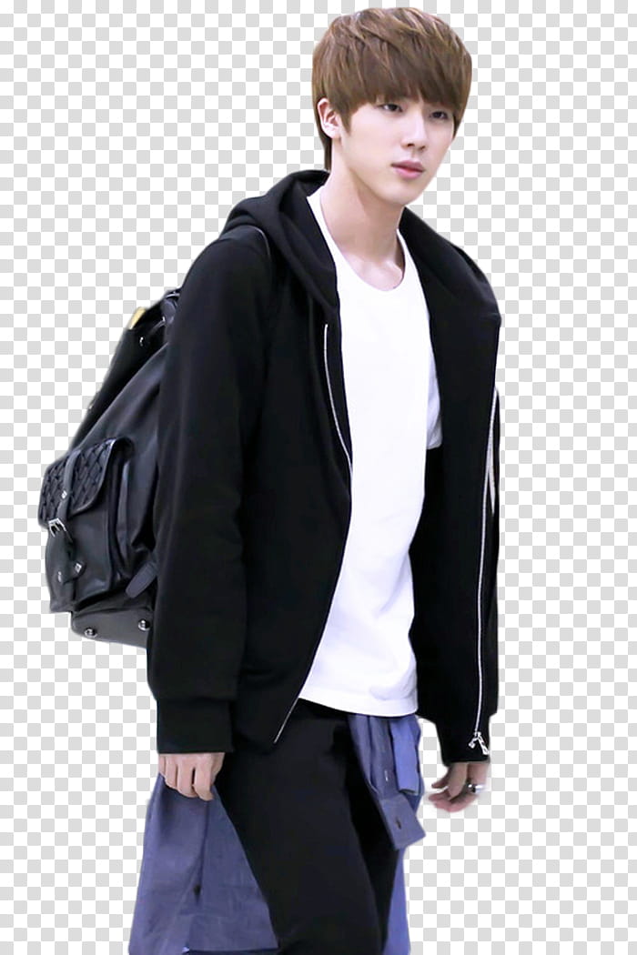 Jin BTS, man in black jacket and back transparent background PNG clipart