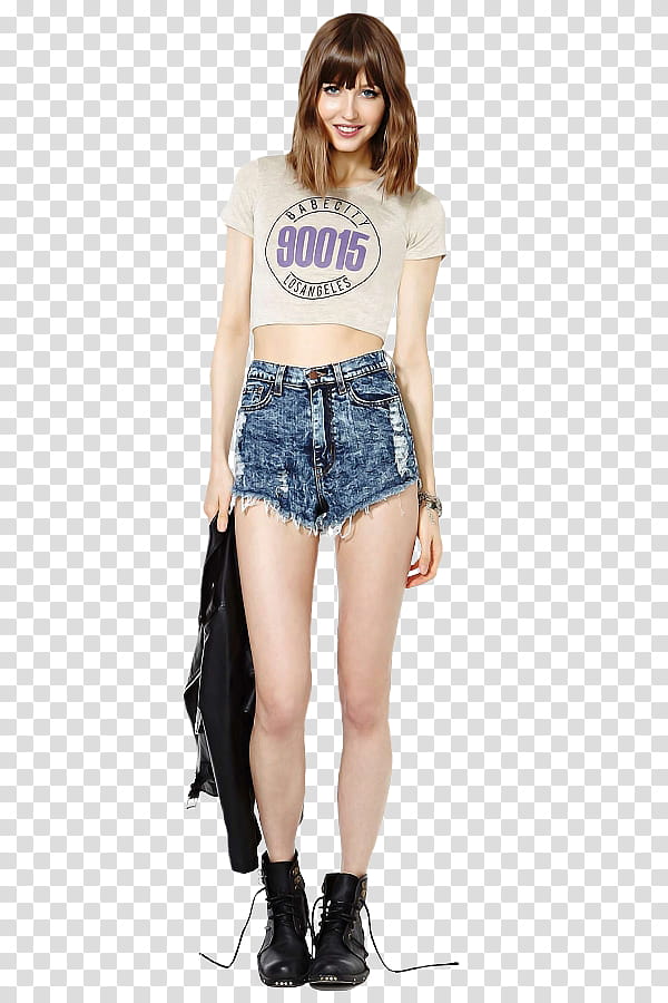 Female Model Alissa Geraghty, women's brown crop shirt and blue denim short shorts transparent background PNG clipart