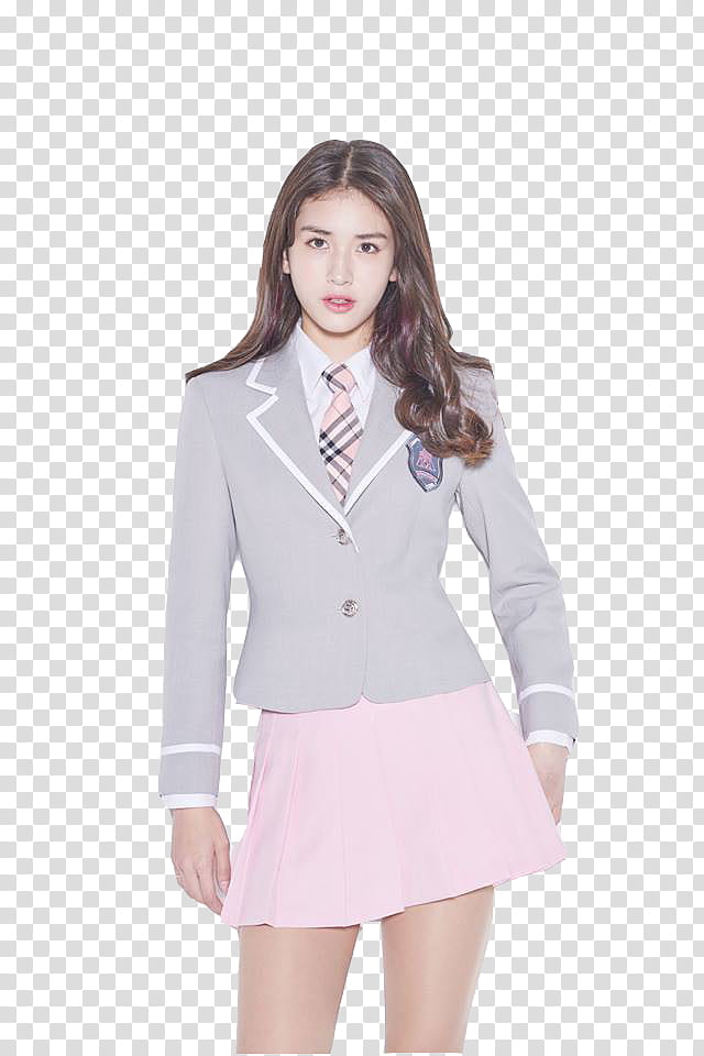 Jeon So Mi, Jeon Somi wearing gray and white blazer and pink skirt standing transparent background PNG clipart