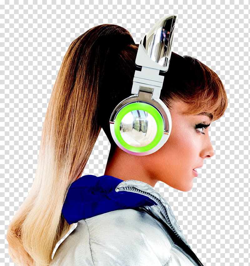 Ariana Grande, woman using green and white headphones looking side view transparent background PNG clipart