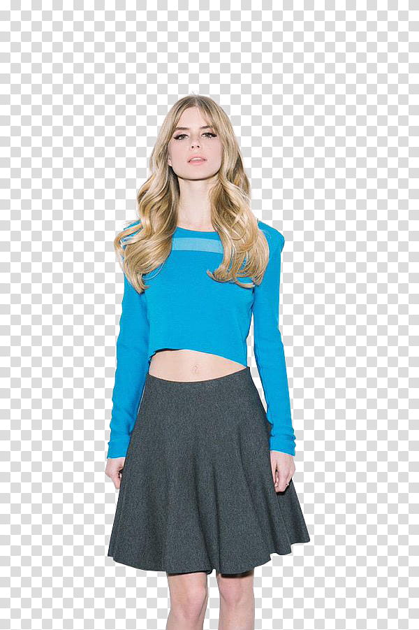 Carlson Young, woman wearing blue shirt and black skirt transparent background PNG clipart