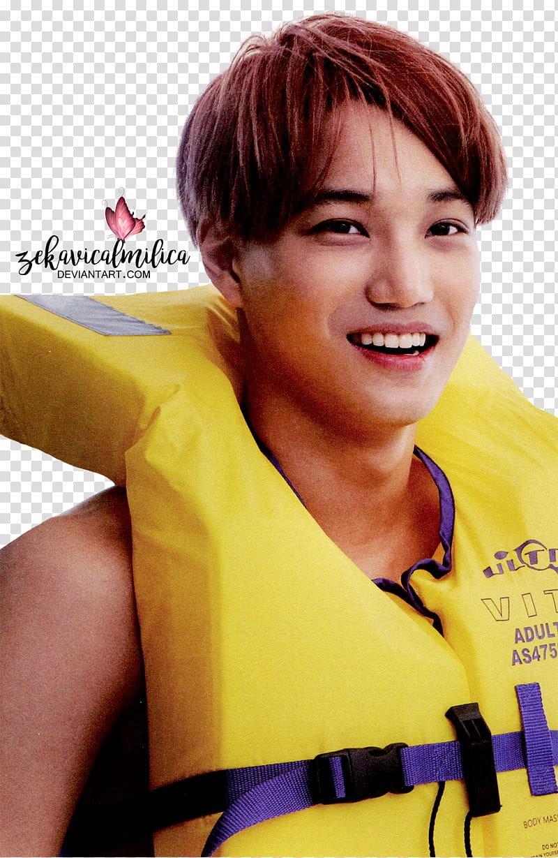 EXO Kai Dear Happiness, smiling man wearing white float pad transparent background PNG clipart