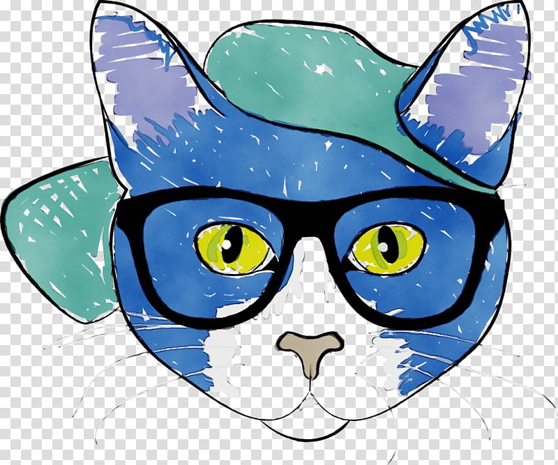 Glasses, Watercolor, Paint, Wet Ink, Eyewear, Cat, Head, Whiskers transparent background PNG clipart