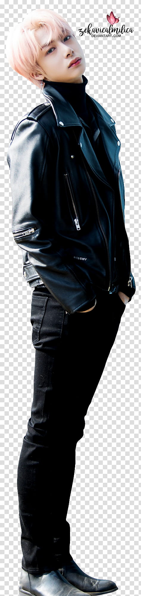 Monsta X Hyungwon Jealousy x Naver, man wearing black leather jacket transparent background PNG clipart