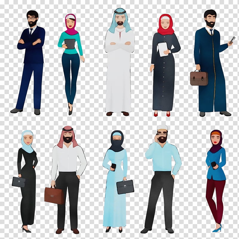clothing uniform standing workwear costume, Arab Cartoon People, Watercolor, Paint, Wet Ink, Outerwear, Abaya transparent background PNG clipart