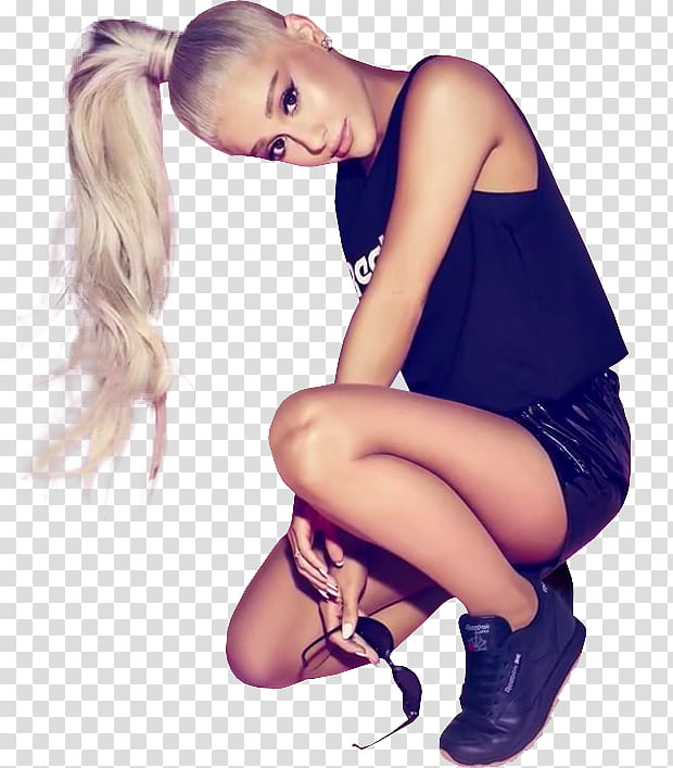 ARIANA GRANDE, Ariana Grande squatting on floor while holding sunglasses transparent background PNG clipart