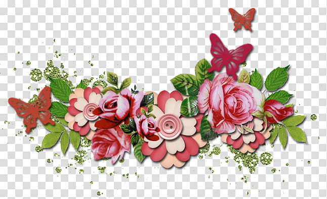 Vintage ll, pink flower swag with butterflies illustration transparent background PNG clipart