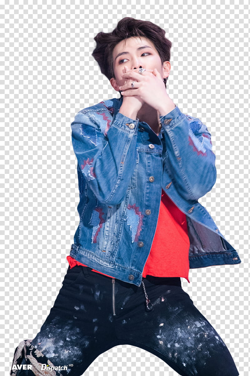 Namjoon BTS, standing man covering her mount wearing blue denim jacket transparent background PNG clipart
