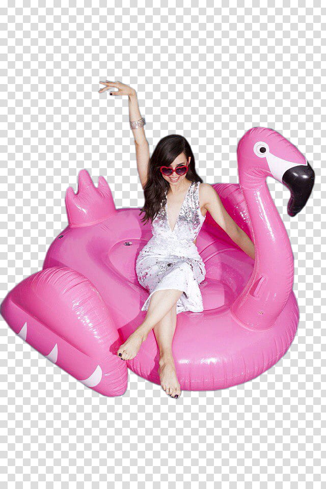 Sofia Carson , woman sitting on inflatable flamingo floater transparent background PNG clipart