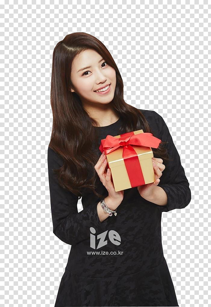 LOVELYZ FOR IZE MAGAZINE, woman smiling while holding gift box transparent background PNG clipart