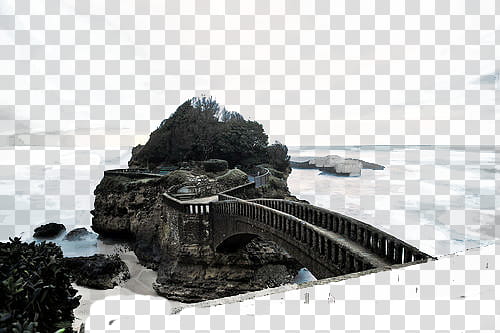 , grey stone foot bridge connecting small island surrounded transparent background PNG clipart