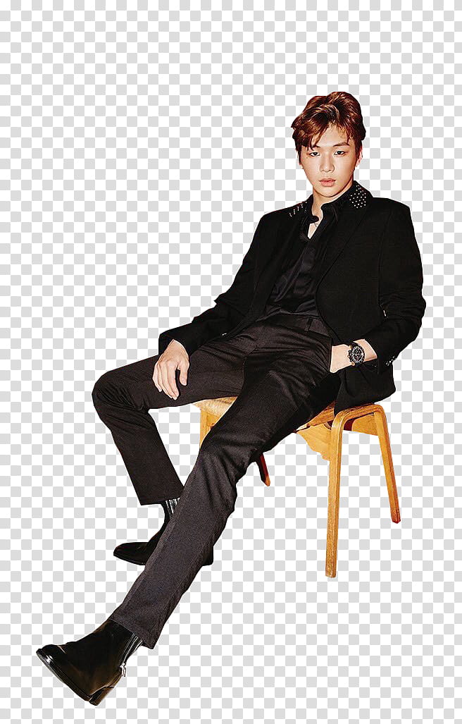 Daniel Wanna One WKorea, man wearing black suit jacket sitting on wooden chair transparent background PNG clipart