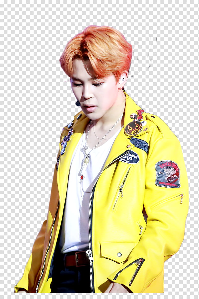 JIMIN BTS , man wearing yellow leather jacket transparent background PNG clipart