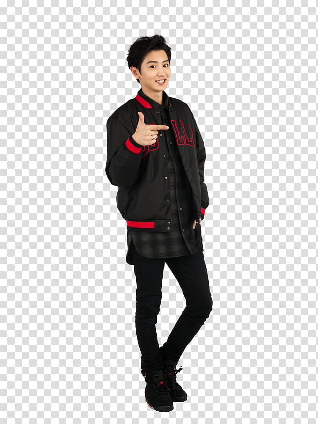EXO SECRET P, man wearing black letterman jacket, pants, and pair of sneakers making hand gesture transparent background PNG clipart