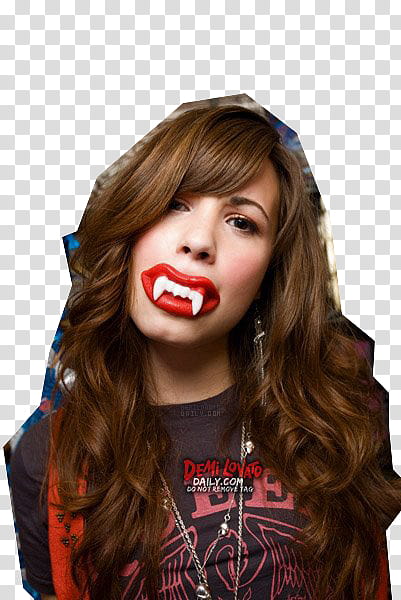 Demi Lovato, Demi Lovato wearing Dracula teeth toy transparent background PNG clipart