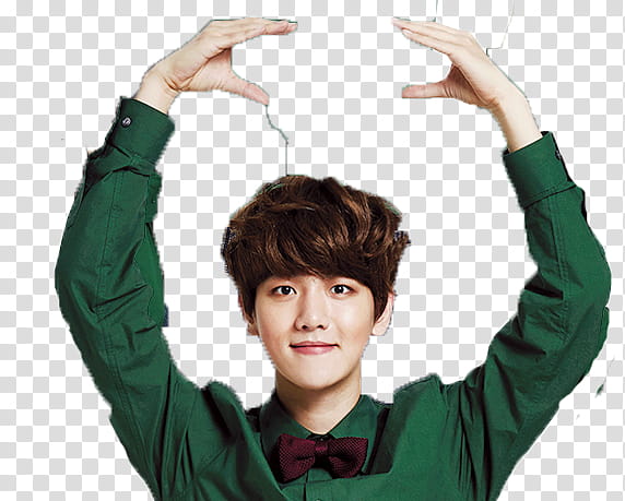 EXO Miracle of December Ver, man in green long-sleeved top raising two hands transparent background PNG clipart