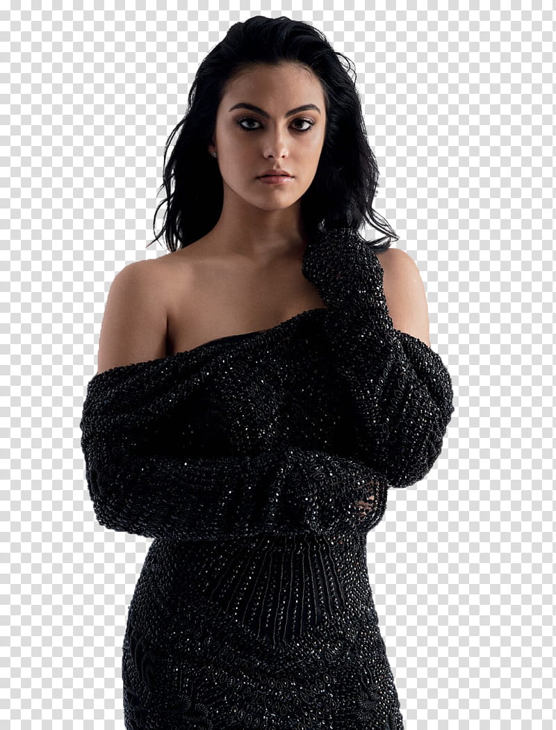 CAMILA MENDES, woman wearing black off-shoulder dress transparent background PNG clipart