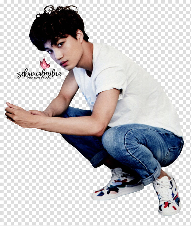 EXO Kai  Season Greetings, sitting man wearing white shirt and blue denim jeans transparent background PNG clipart