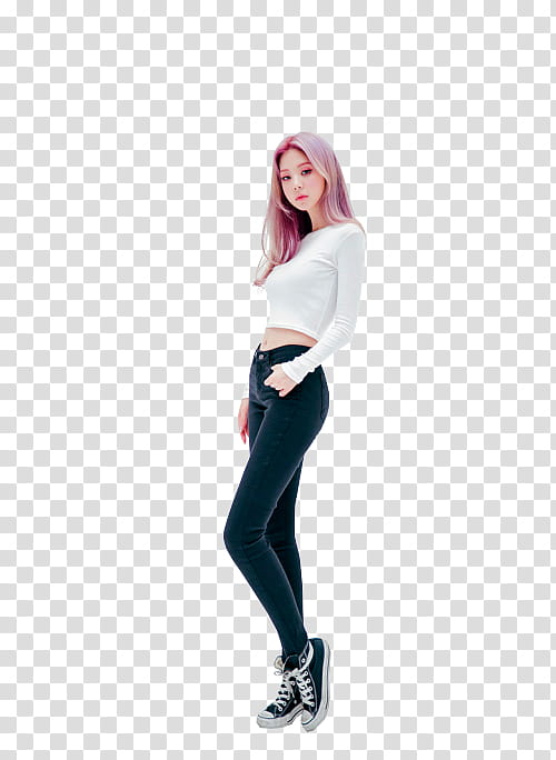 CHAE EUN, woman in white crop sweater and black jeans standing while starring transparent background PNG clipart