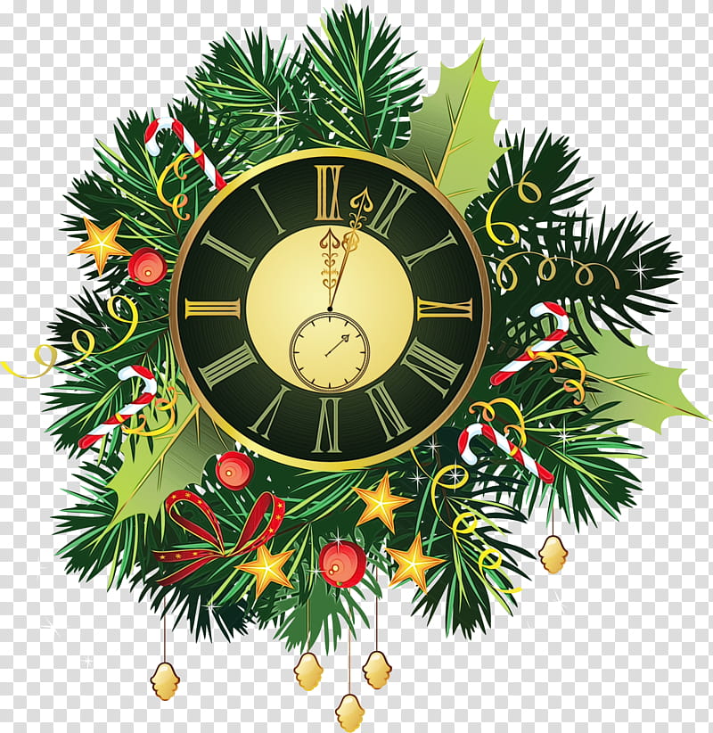 Christmas decoration, Watercolor, Paint, Wet Ink, Clock, Wall Clock, Branch, Christmas , Tree, Interior Design transparent background PNG clipart