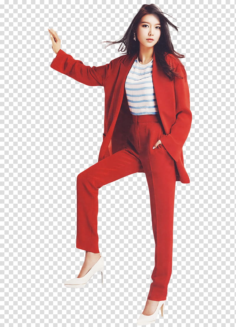 SooYoung girls generation render, standing woman wearing red coat and pants set transparent background PNG clipart