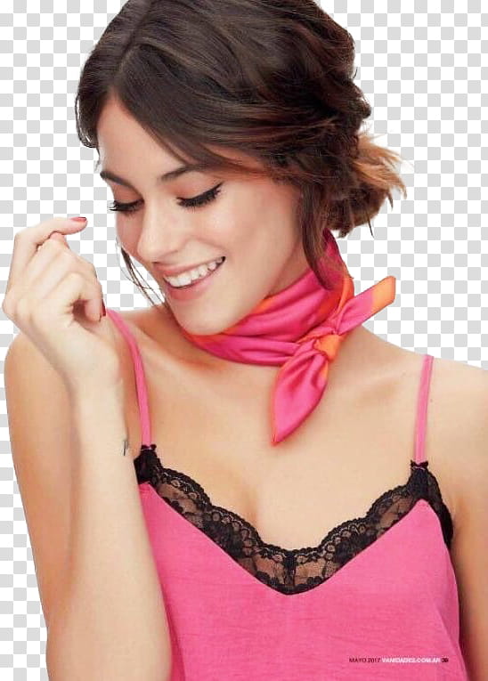 Tini Stoessel, smiling woman in pink spaghetti strap closing eyes while folding right hand transparent background PNG clipart