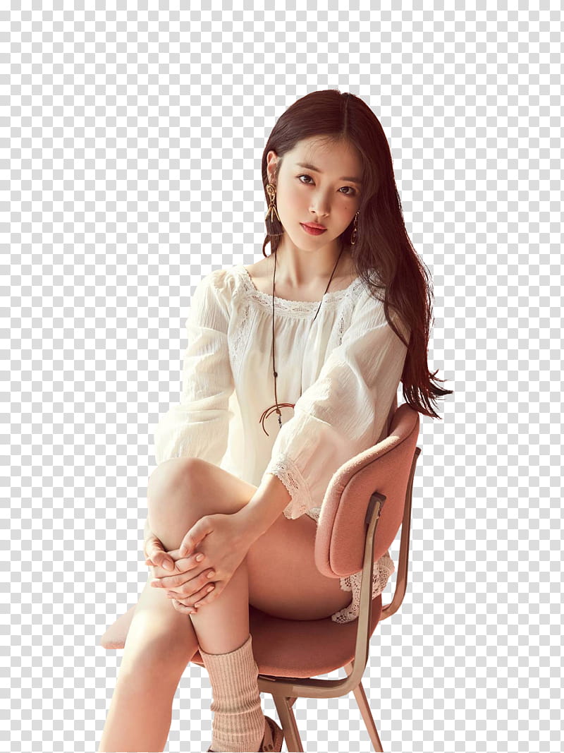 Sulli  HAPPYSULLIDAY, woman wearing white long-sleeved shirt sitting on wooden chair transparent background PNG clipart