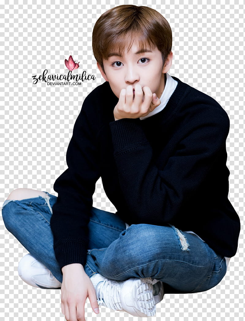 NCT Mark Sweet Valentine Day, sitting man wearing black sweater with hand on his chin transparent background PNG clipart
