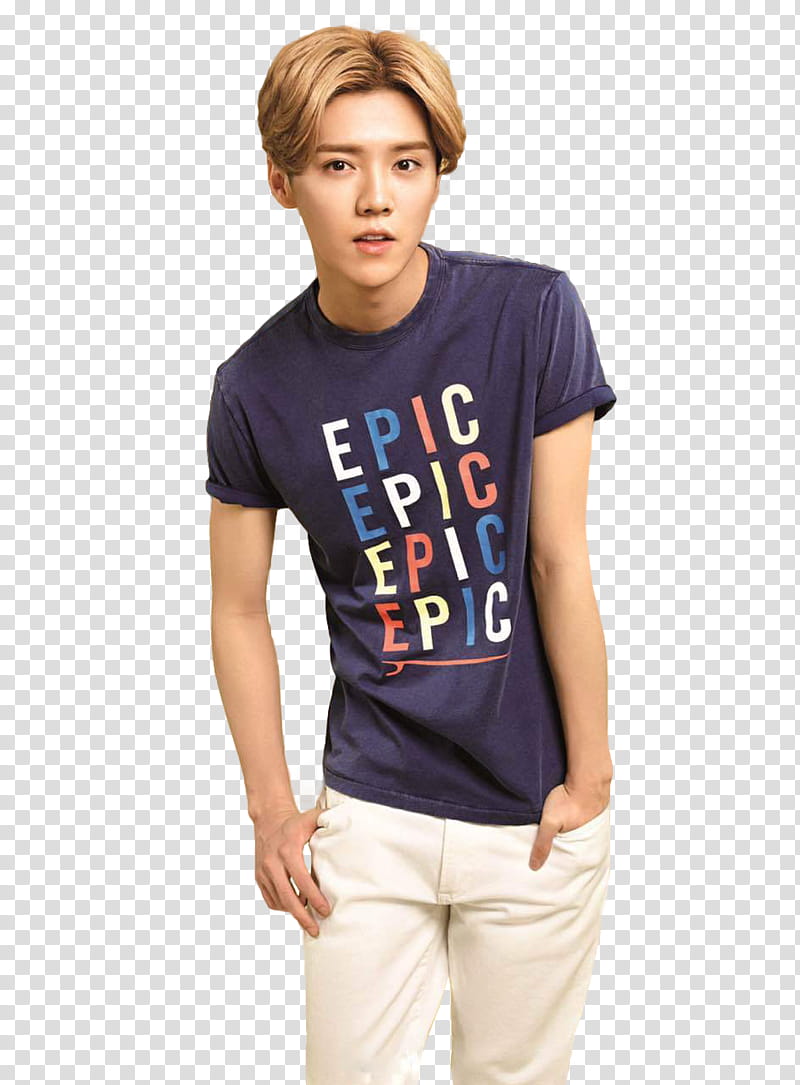 EXO, brown haired man wearing blue crew-neck T-shirt transparent background PNG clipart