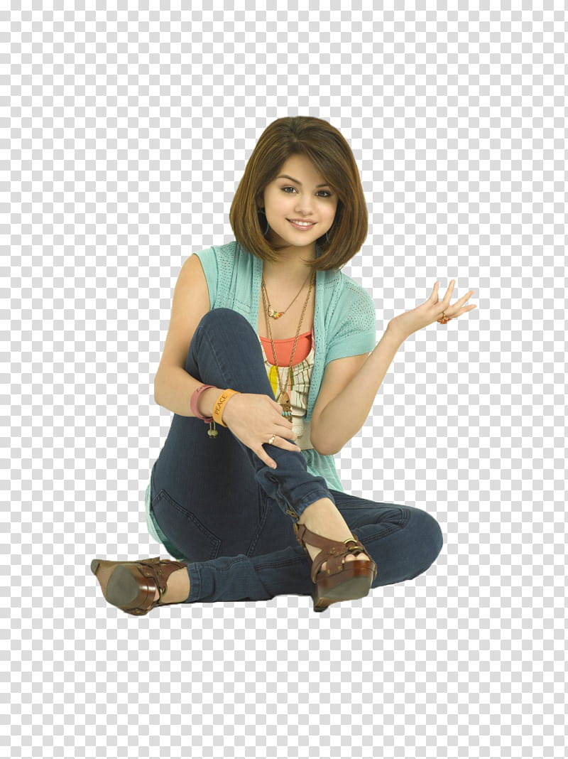 Selena Gomez, sitting Selena Gomez with bent knees while smiling transparent background PNG clipart