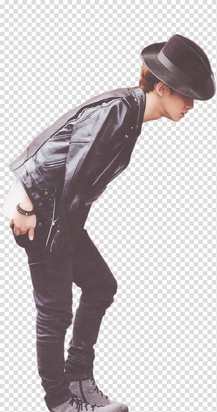 EXO For Die Jungs book, bent down man wearing black leather jacket transparent background PNG clipart