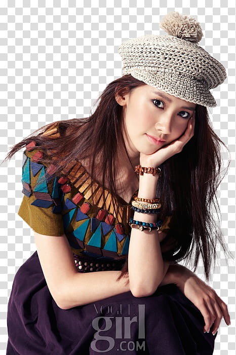 Yoona SNSD, woman wearing gray knit cap with text overlay transparent background PNG clipart