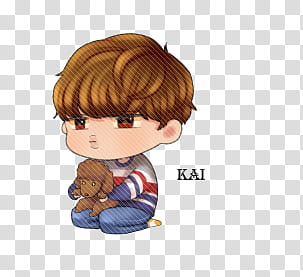 EXO Kai Chibi, boy kneeling and holding dog illustration transparent background PNG clipart