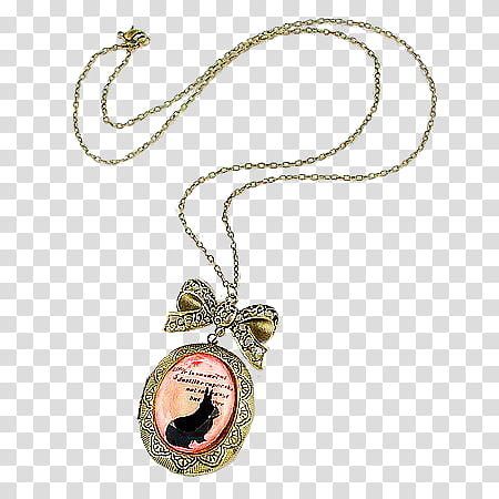 Vintage Bunny Jewelry s, black cat painted gold-colored pendant chain necklace transparent background PNG clipart