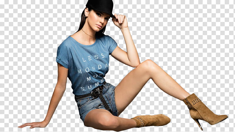 Kendall Jenner, woman wearing blue crew-neck shirt, blue denim short shorts, and pair of brown heeled boots outfit transparent background PNG clipart