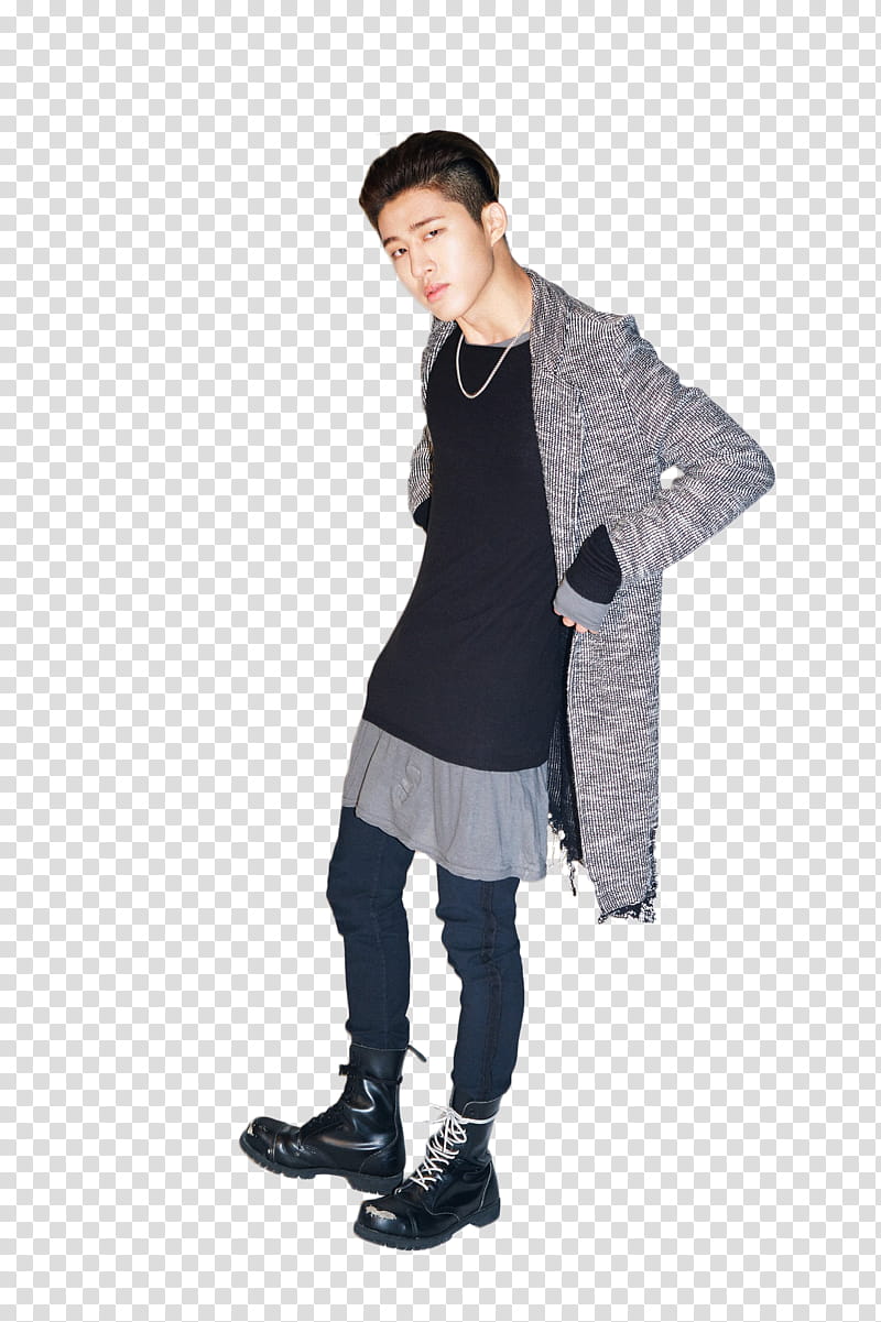 iKON, man doing akimbo wearing gray coat and blue pants transparent background PNG clipart