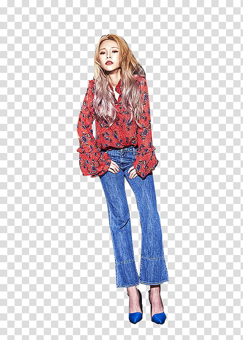 Heize, woman in red floral long-sleeved shirt and blue denim jeans transparent background PNG clipart