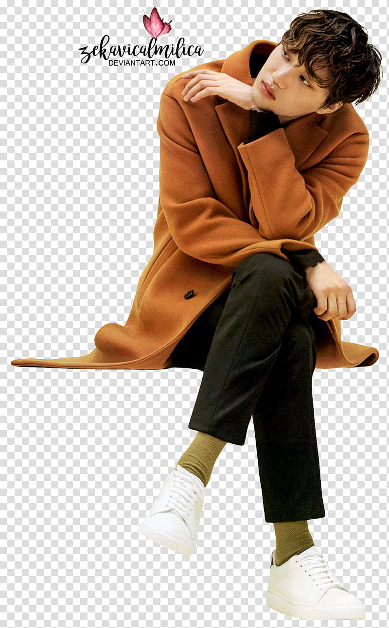EXO Kai High Cut, man wearing brown coat sitting while hands on chin transparent background PNG clipart