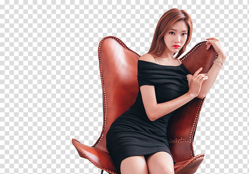 PARK JUNG YOON, woman wearing black off-shoulder dress sitting on brown chair transparent background PNG clipart