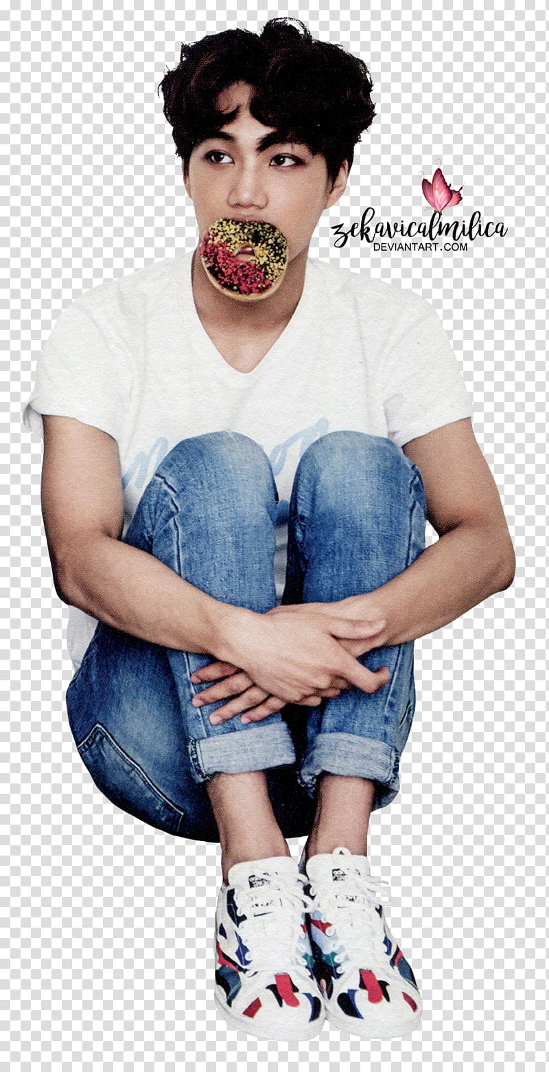 EXO Kai  Season Greetings, man wearing white shirt and blue denim jeans sitting transparent background PNG clipart