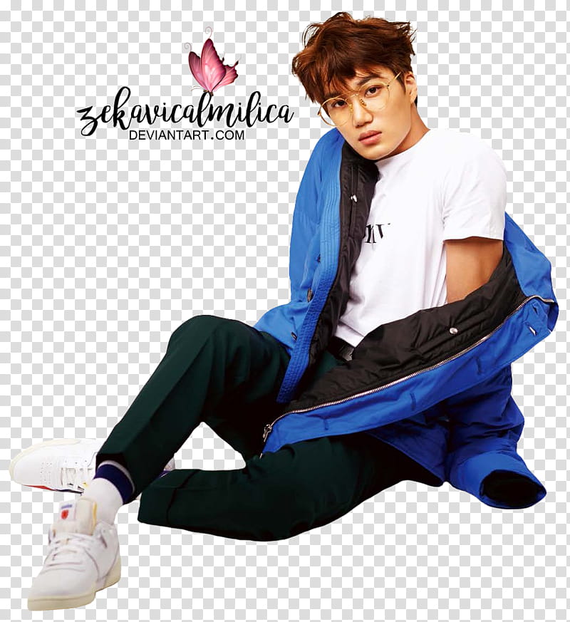 EXO Kai Lined, man sitting while taking off his blue zip-up jacket transparent background PNG clipart