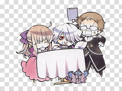 Chibi Pandora Hearts, three anime characters sitting in front of table transparent background PNG clipart