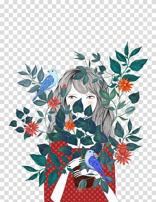 art , gray-haired female holding birds illustration transparent background PNG clipart