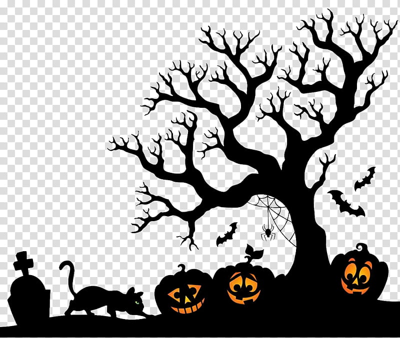 HALLOWEEN HANNAK, bare trees near pumpkin and cat on cemetery Halloween illustration transparent background PNG clipart