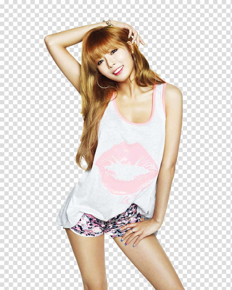 HyunAh Render, Hyuna G wearing white and pink lip print tank top standing and smiling transparent background PNG clipart