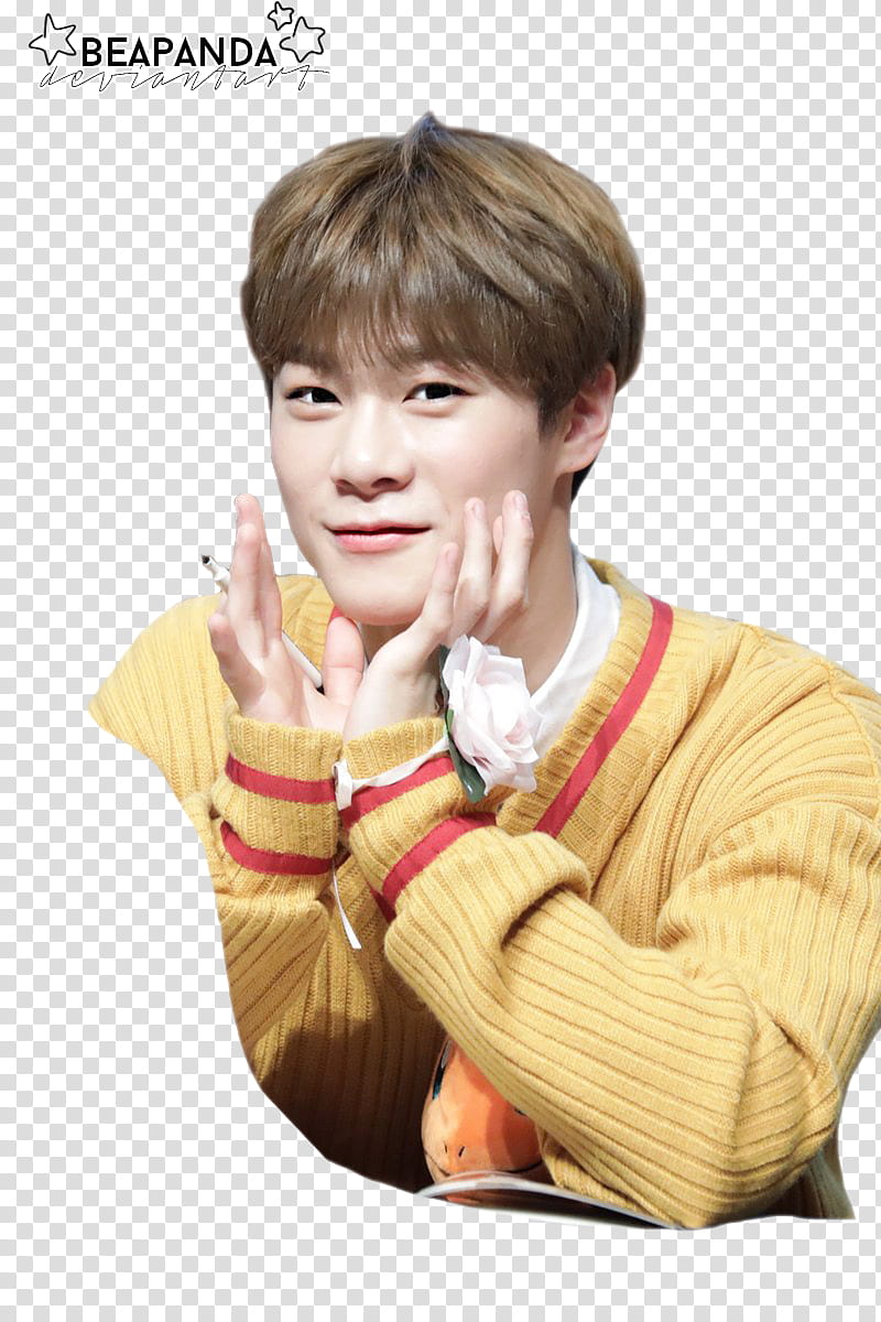 Moonbin ASTRO, man touching his face with text overlay transparent background PNG clipart