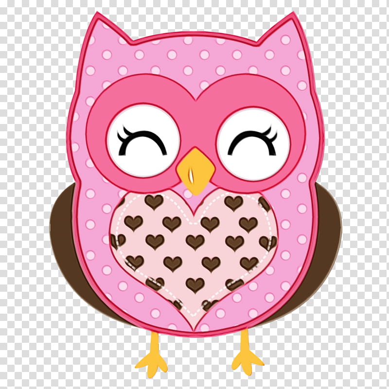 owl pink cartoon bird of prey, Watercolor, Paint, Wet Ink, Heart transparent background PNG clipart