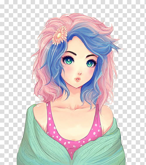 Anime Girl Render, blue and pink haired female character transparent background PNG clipart